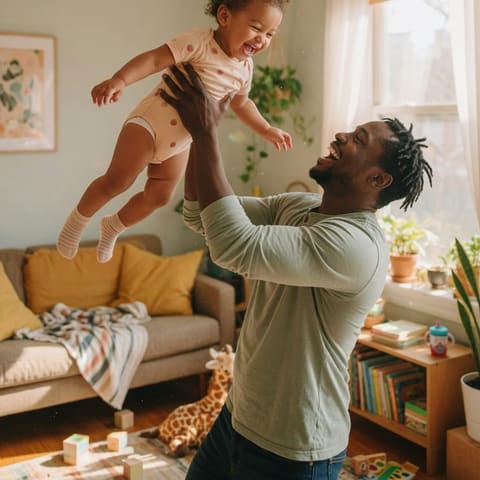 A father joyfully lifting a laughing toddler in a bright