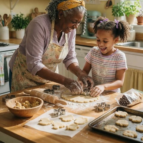 A grandparent and grandchild happily baking cookies together in a sunny kitchen