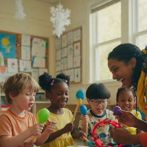 A small group of young children and a cheerful teacher shaking colorful instruments in a bright music class