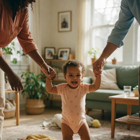 A toddler taking happy steps holding both parents' hands in a bright living room